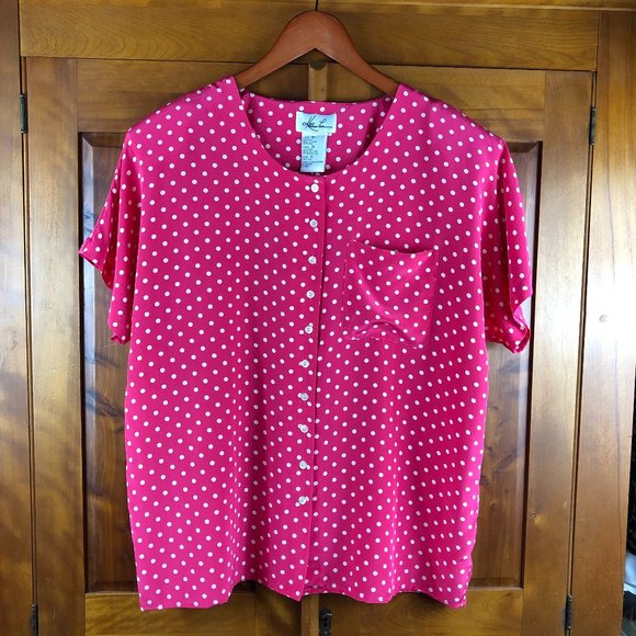 Kathie Lee Collection Tops - NEW Kathie Lee Vintage Silk Fushia Pink and White Polka Dot Short Sleeve Blouse